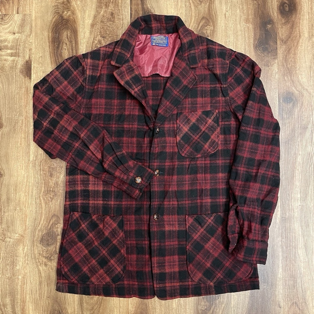 Pendleton VTG 49er Jacket 100% Virgin Wool Tartan Plaid Red Medium Wood 3-Button